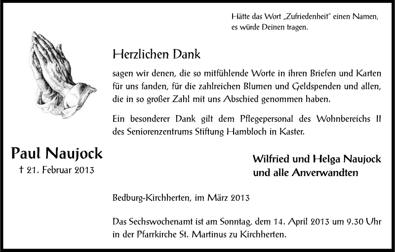  Traueranzeige für Paul Naujock vom 23.03.2013 aus Kölner Stadt-Anzeiger / Kölnische Rundschau / Express