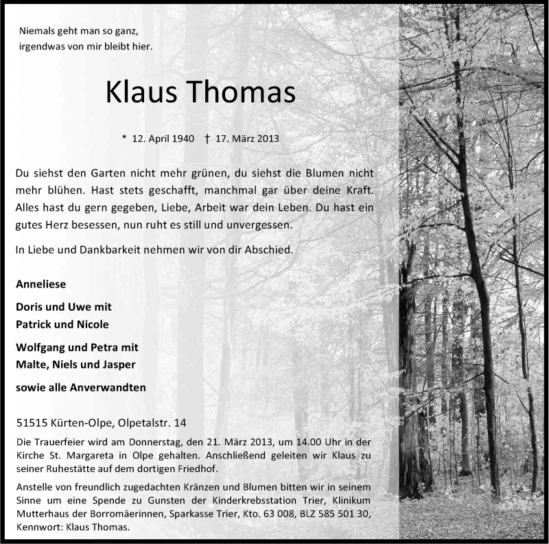 Traueranzeige für Klaus Thomas vom 20.03.2013 aus Kölner Stadt-Anzeiger / Kölnische Rundschau / Express