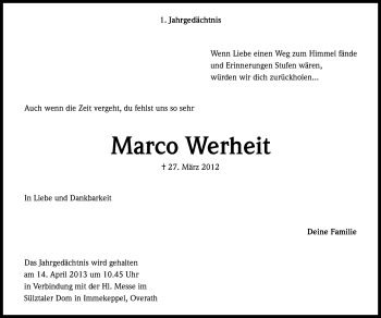 Anzeige von Marco Werheit von Kölner Stadt-Anzeiger / Kölnische Rundschau / Express