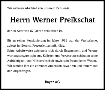 Anzeige von Werner Preikschat von Kölner Stadt-Anzeiger / Kölnische Rundschau / Express