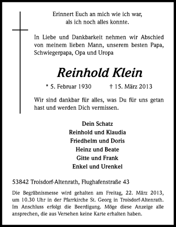 Anzeige von Reinhold Klein von Kölner Stadt-Anzeiger / Kölnische Rundschau / Express