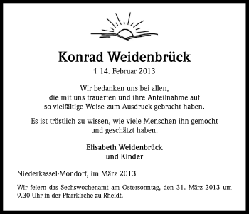 Anzeige von Konrad Weidenbrück von Kölner Stadt-Anzeiger / Kölnische Rundschau / Express