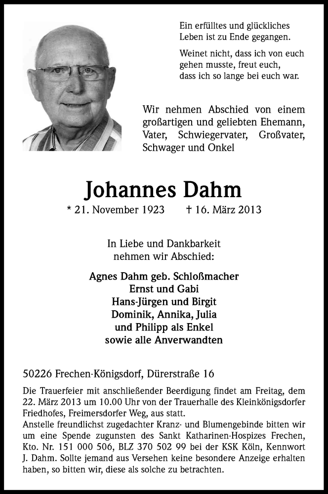  Traueranzeige für Johannes Dahm vom 20.03.2013 aus Kölner Stadt-Anzeiger / Kölnische Rundschau / Express