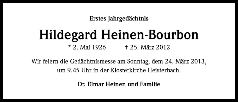  Traueranzeige für Hildegard Heinen-Bourbon vom 20.03.2013 aus Kölner Stadt-Anzeiger / Kölnische Rundschau / Express