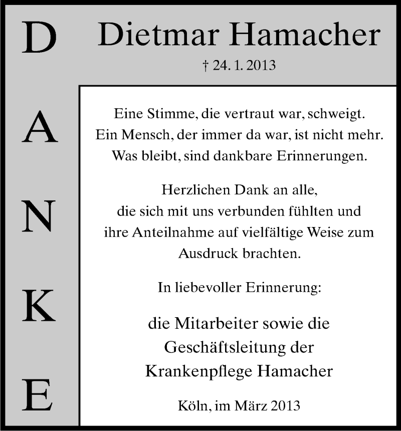  Traueranzeige für Dietmar Hamacher vom 23.03.2013 aus Kölner Stadt-Anzeiger / Kölnische Rundschau / Express