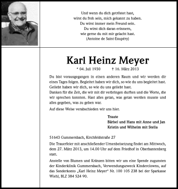 Anzeige von Karl Heinz Meyer von Kölner Stadt-Anzeiger / Kölnische Rundschau / Express