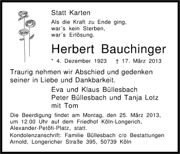 Anzeige von Herbert Bauchinger von Kölner Stadt-Anzeiger / Kölnische Rundschau / Express