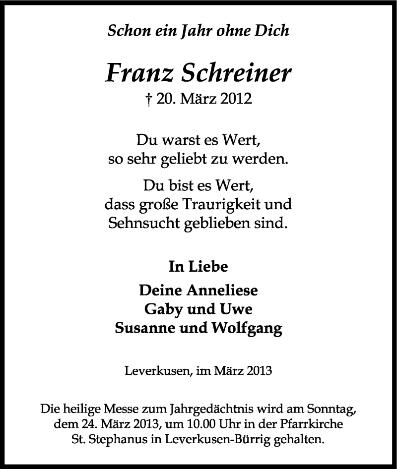  Traueranzeige für Franz Schreiner vom 20.03.2013 aus Kölner Stadt-Anzeiger / Kölnische Rundschau / Express