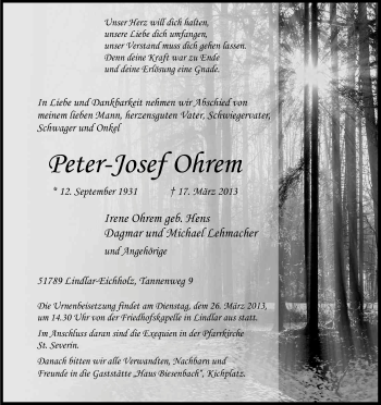 Anzeige von Peter-Josef Ohrem von Kölner Stadt-Anzeiger / Kölnische Rundschau / Express