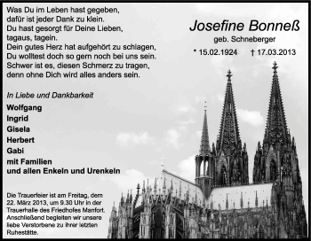 Anzeige von Josefine Bonneß von Kölner Stadt-Anzeiger / Kölnische Rundschau / Express