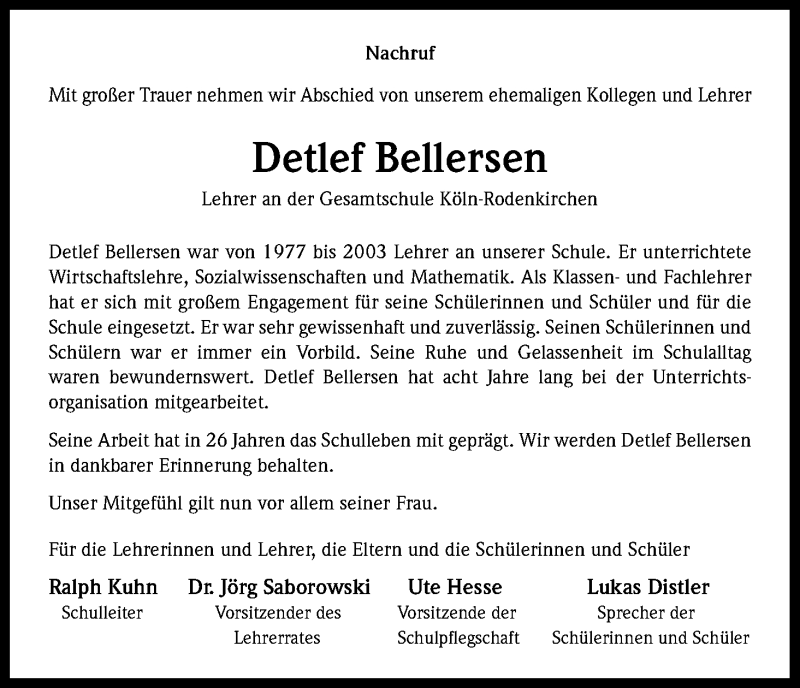  Traueranzeige für Detlef Bellersen vom 20.03.2013 aus Kölner Stadt-Anzeiger / Kölnische Rundschau / Express