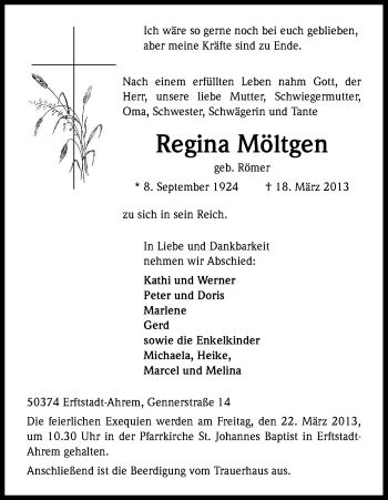 Anzeige von Regina Möltgen von Kölner Stadt-Anzeiger / Kölnische Rundschau / Express