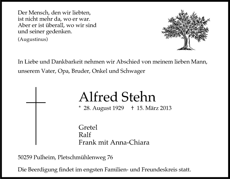  Traueranzeige für Alfred Stehn vom 20.03.2013 aus Kölner Stadt-Anzeiger / Kölnische Rundschau / Express
