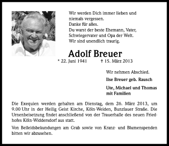Anzeige von Adolf Breuer von Kölner Stadt-Anzeiger / Kölnische Rundschau / Express