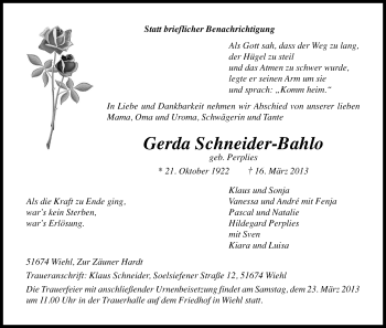 Anzeige von Gerda Schneider-Bahlo von Kölner Stadt-Anzeiger / Kölnische Rundschau / Express
