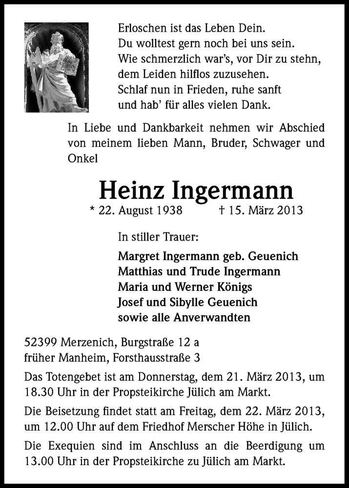  Traueranzeige für Heinz Ingermann vom 20.03.2013 aus Kölner Stadt-Anzeiger / Kölnische Rundschau / Express