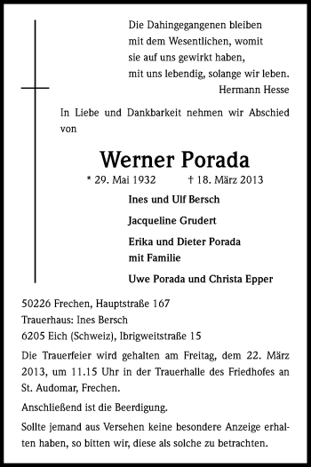 Anzeige von Werner Porada von Kölner Stadt-Anzeiger / Kölnische Rundschau / Express
