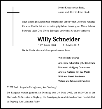 Anzeige von Willy Schneider von Kölner Stadt-Anzeiger / Kölnische Rundschau / Express