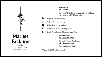 Anzeige von Marlies Fackiner von Kölner Stadt-Anzeiger / Kölnische Rundschau / Express