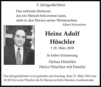 Anzeige von Heinz Adolf Höschler von Kölner Stadt-Anzeiger / Kölnische Rundschau / Express