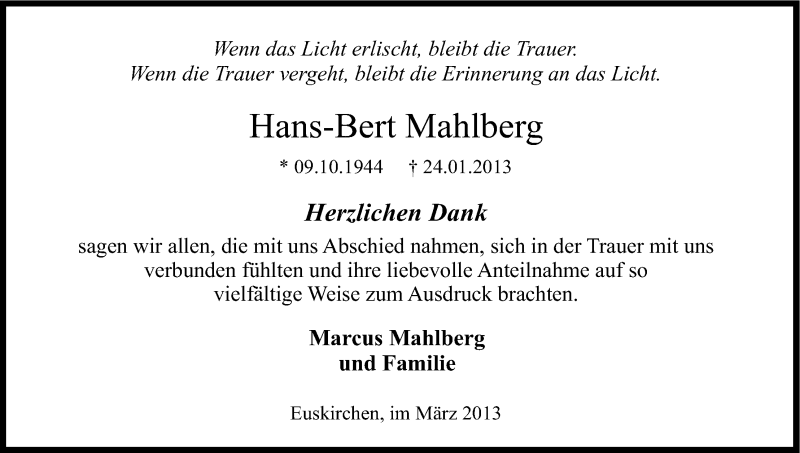  Traueranzeige für Hans-Bert Mahlberg vom 23.03.2013 aus Kölner Stadt-Anzeiger / Kölnische Rundschau / Express