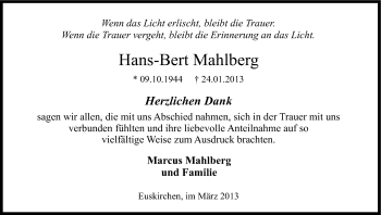 Anzeige von Hans-Bert Mahlberg von Kölner Stadt-Anzeiger / Kölnische Rundschau / Express