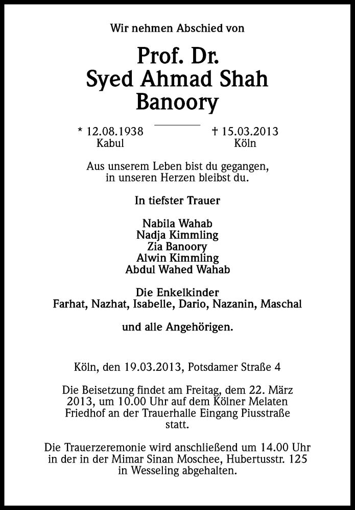  Traueranzeige für Syed Ahmad Shah Banoory vom 20.03.2013 aus Kölner Stadt-Anzeiger / Kölnische Rundschau / Express