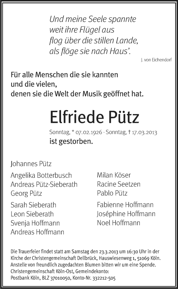  Traueranzeige für Elfriede Pütz vom 20.03.2013 aus Kölner Stadt-Anzeiger / Kölnische Rundschau / Express