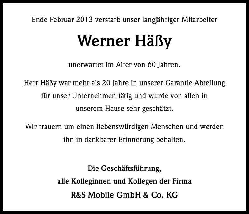  Traueranzeige für Werner Häßy vom 21.03.2013 aus Kölner Stadt-Anzeiger / Kölnische Rundschau / Express