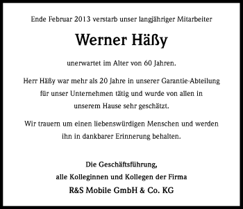 Anzeige von Werner Häßy von Kölner Stadt-Anzeiger / Kölnische Rundschau / Express