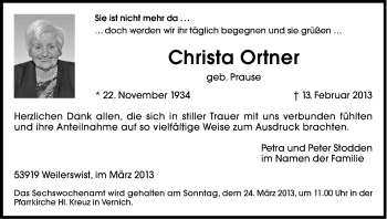 Anzeige von Christina Ortner von Kölner Stadt-Anzeiger / Kölnische Rundschau / Express