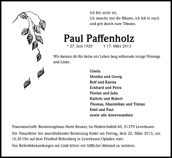 Anzeige von Paul Paffenholz von Kölner Stadt-Anzeiger / Kölnische Rundschau / Express