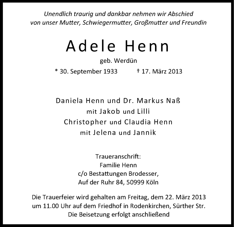  Traueranzeige für Adele Henn vom 20.03.2013 aus Kölner Stadt-Anzeiger / Kölnische Rundschau / Express
