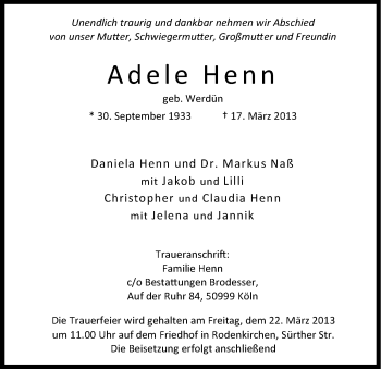 Anzeige von Adele Henn von Kölner Stadt-Anzeiger / Kölnische Rundschau / Express