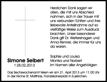 Anzeige von Simone Seibert von Kölner Stadt-Anzeiger / Kölnische Rundschau / Express