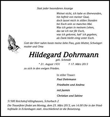 Anzeige von Hildegard Dohrmann von Kölner Stadt-Anzeiger / Kölnische Rundschau / Express