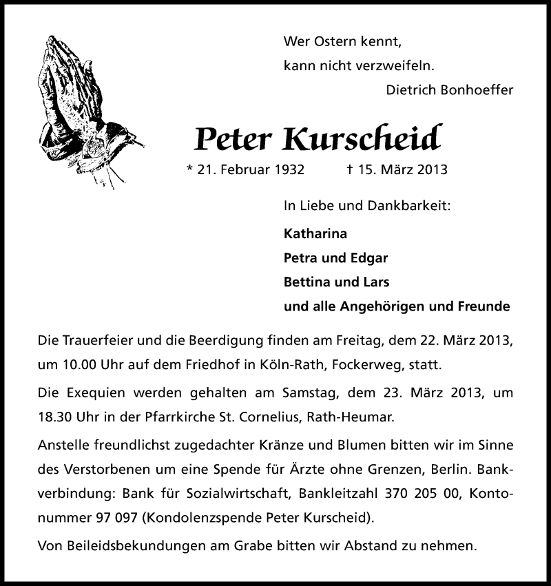  Traueranzeige für Peter Kurscheid vom 20.03.2013 aus Kölner Stadt-Anzeiger / Kölnische Rundschau / Express