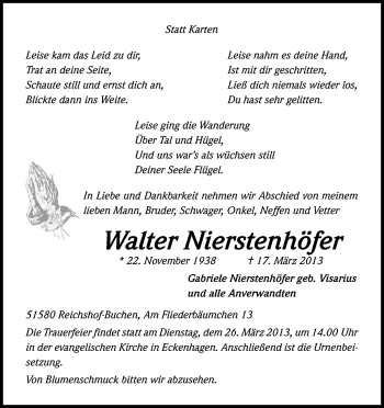 Anzeige von Walter Nierstenhöfer von Kölner Stadt-Anzeiger / Kölnische Rundschau / Express