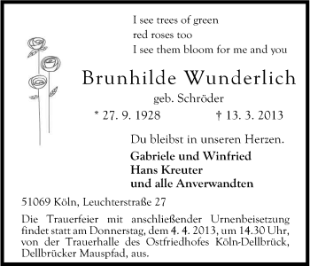 Anzeige von Brunhilde Wunderlich von Kölner Stadt-Anzeiger / Kölnische Rundschau / Express