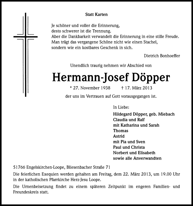  Traueranzeige für Hermann-Josef Döpper vom 20.03.2013 aus Kölner Stadt-Anzeiger / Kölnische Rundschau / Express