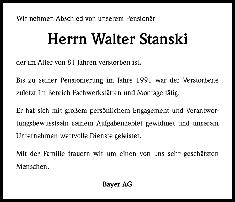  Traueranzeige für Walter Stanski vom 22.03.2013 aus Kölner Stadt-Anzeiger / Kölnische Rundschau / Express