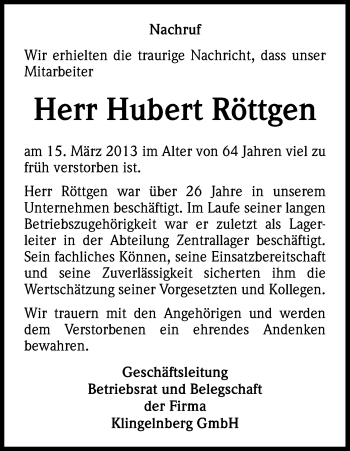 Anzeige von Hubert Röttgen von Kölner Stadt-Anzeiger / Kölnische Rundschau / Express