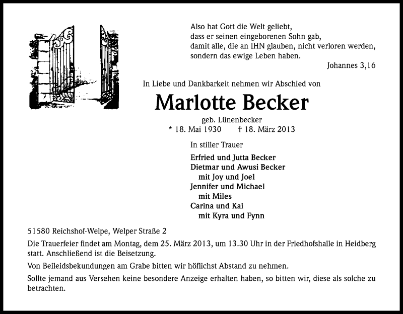  Traueranzeige für Marlotte Becker vom 20.03.2013 aus Kölner Stadt-Anzeiger / Kölnische Rundschau / Express
