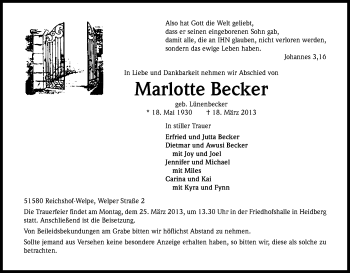 Anzeige von Marlotte Becker von Kölner Stadt-Anzeiger / Kölnische Rundschau / Express