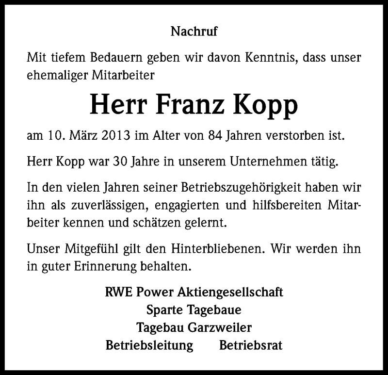  Traueranzeige für Franz Kopp vom 20.03.2013 aus Kölner Stadt-Anzeiger / Kölnische Rundschau / Express