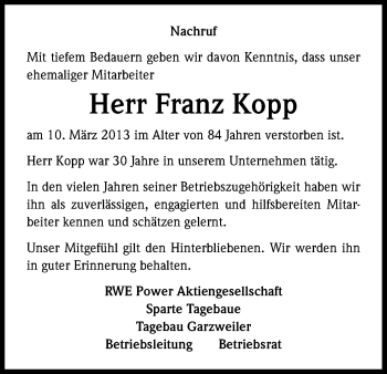 Anzeige von Franz Kopp von Kölner Stadt-Anzeiger / Kölnische Rundschau / Express