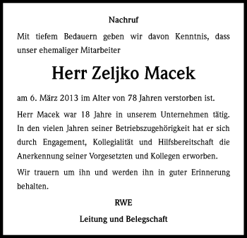 Anzeige von Zeljko Macek von Kölner Stadt-Anzeiger / Kölnische Rundschau / Express
