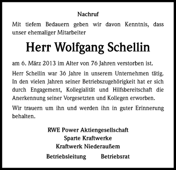 Anzeige von Wolfgang Schellin von Kölner Stadt-Anzeiger / Kölnische Rundschau / Express