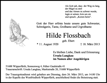 Anzeige von Hilde Flossbach von Kölner Stadt-Anzeiger / Kölnische Rundschau / Express