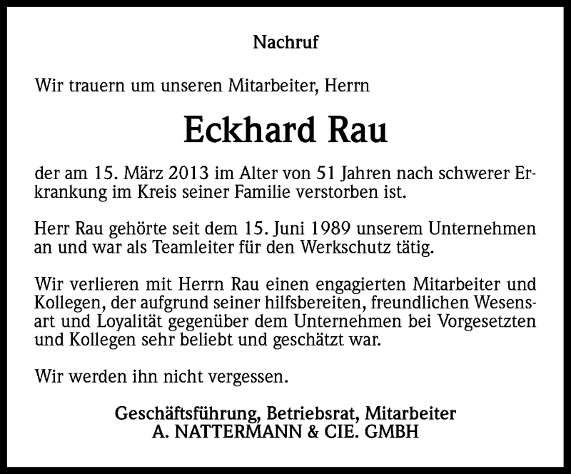  Traueranzeige für Eckhard Rau vom 23.03.2013 aus Kölner Stadt-Anzeiger / Kölnische Rundschau / Express